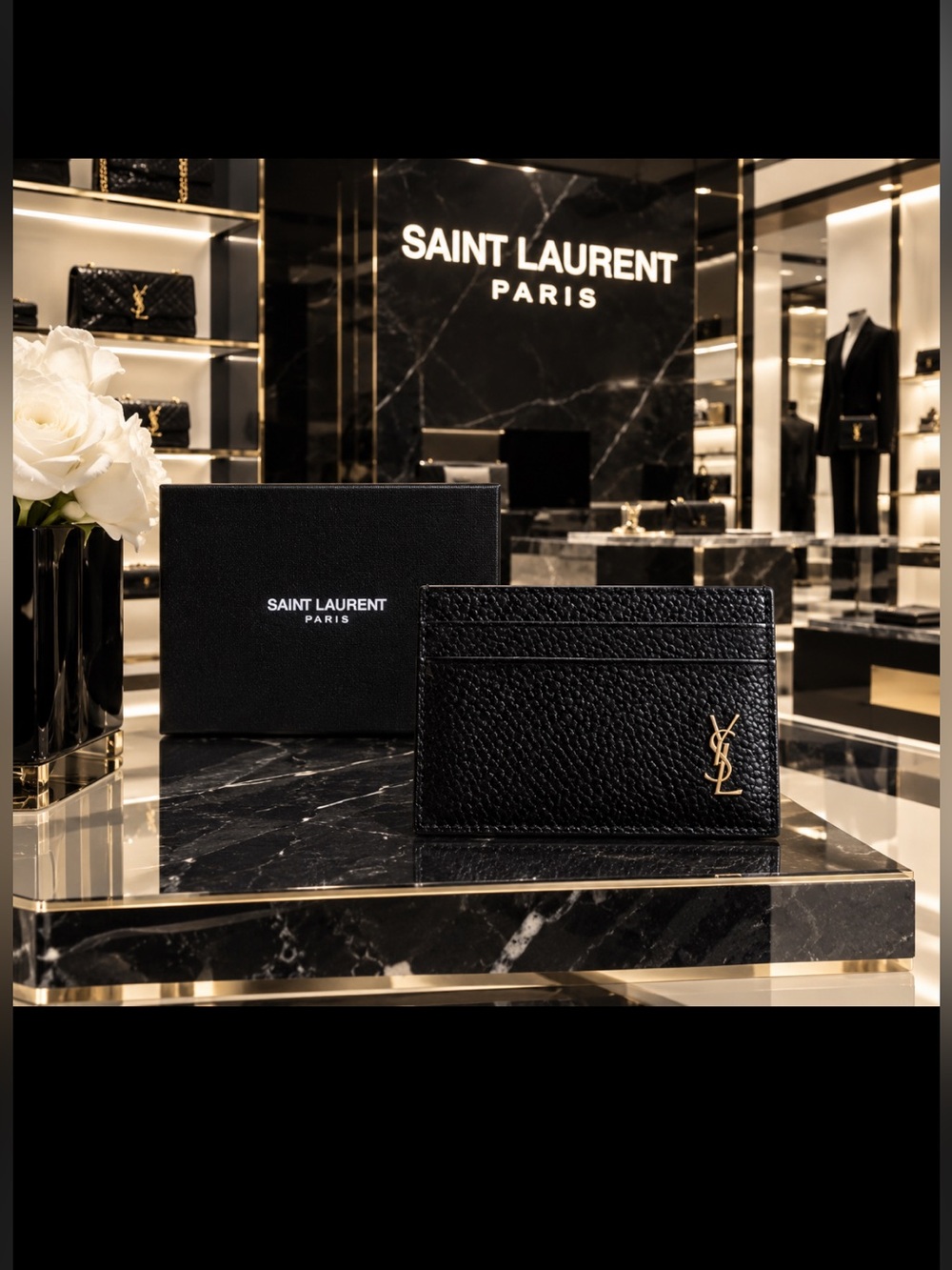 Saint Laurent Black Pebbled Leather Card holder yywith Gold YSL Emblem